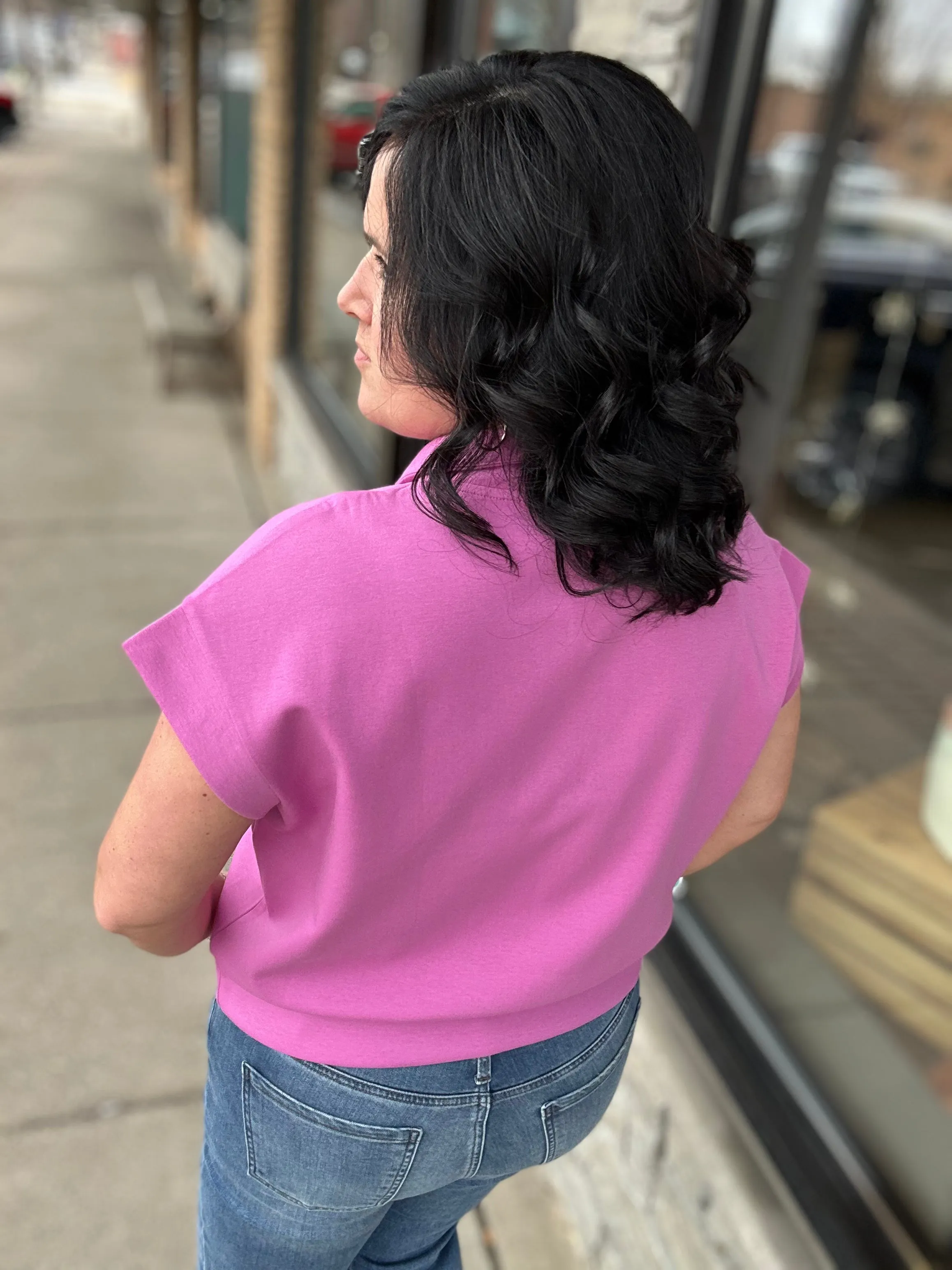 Magenta Short Sleeve Half Zip Scuba Top