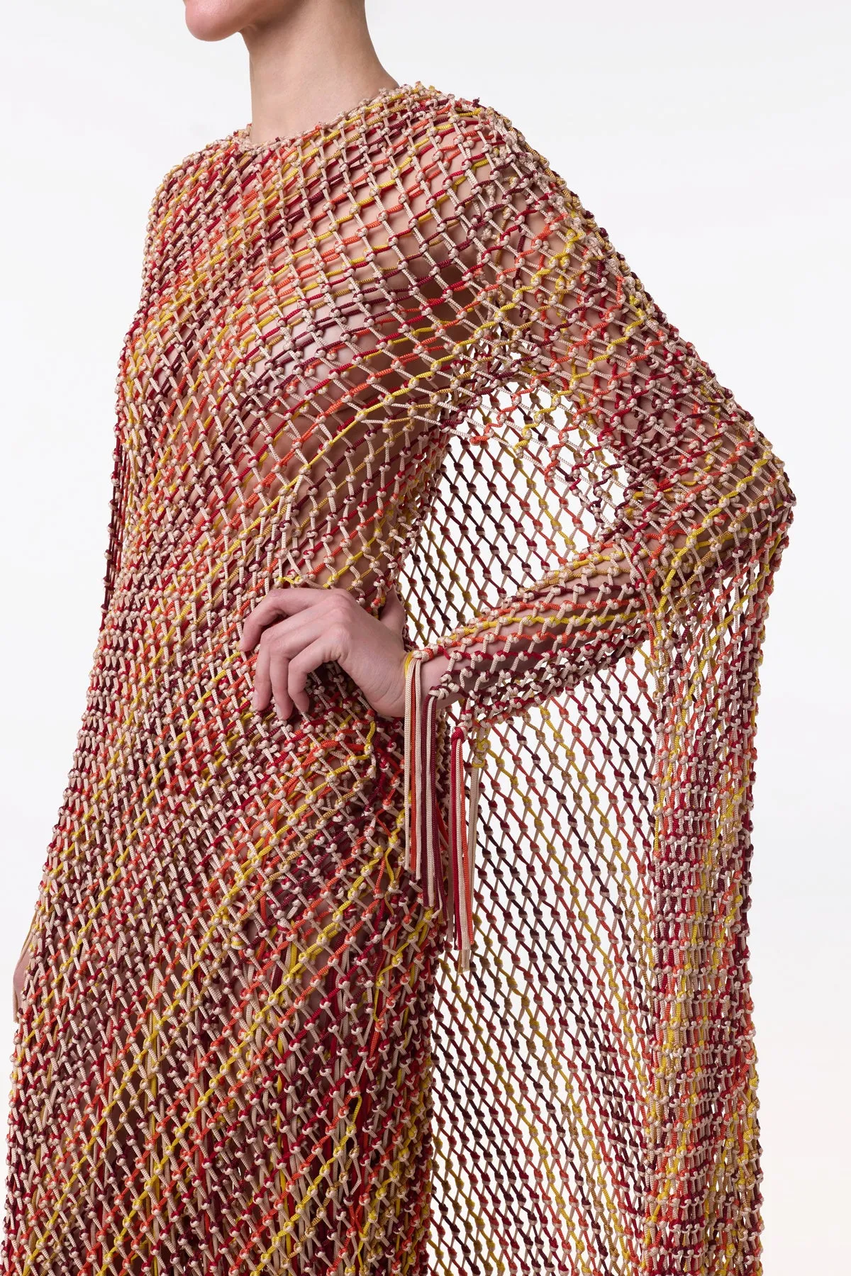 Matheia Fringe Macrame Maxi Dress in Multi Silk