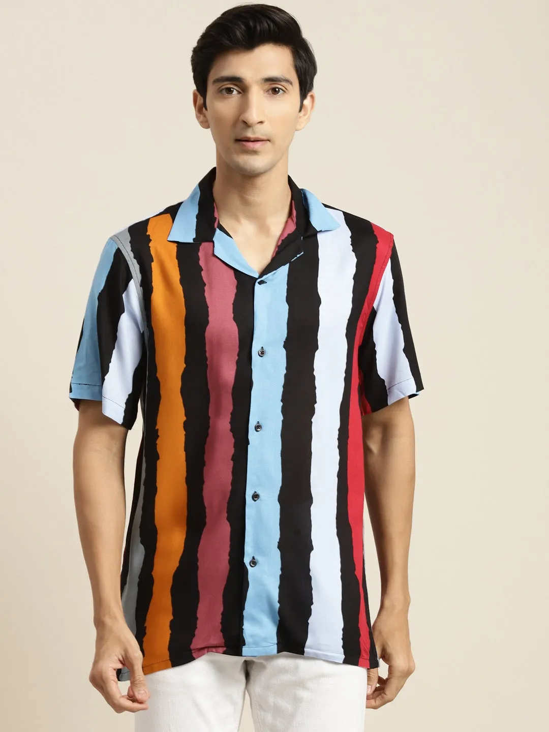 Men Black & Mustard Printed Viscose Rayon Relaxed Fit Casual Resort Shirt