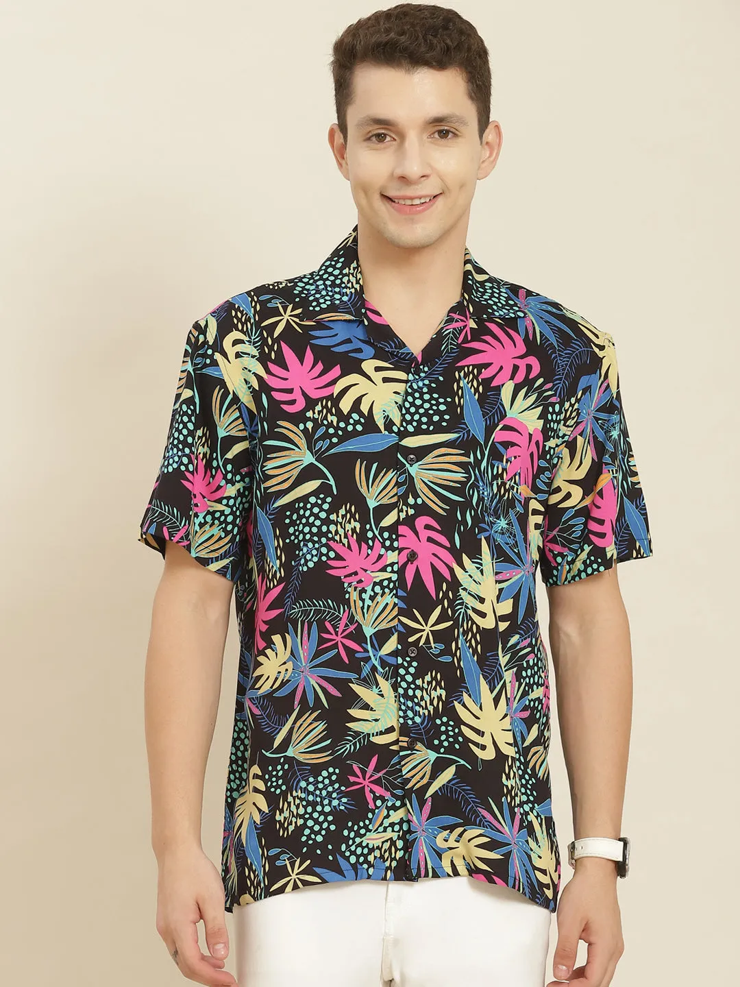 Men Black & Pink Printed Viscose Rayon Regular Fit Casual Resort Shirt