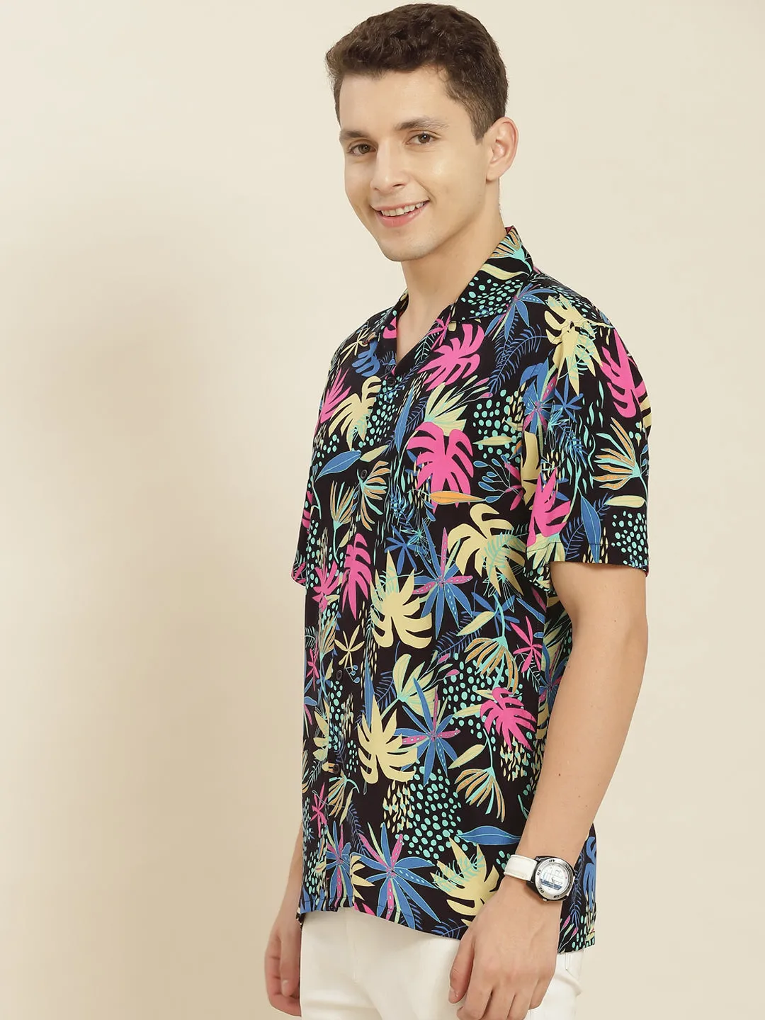 Men Black & Pink Printed Viscose Rayon Regular Fit Casual Resort Shirt