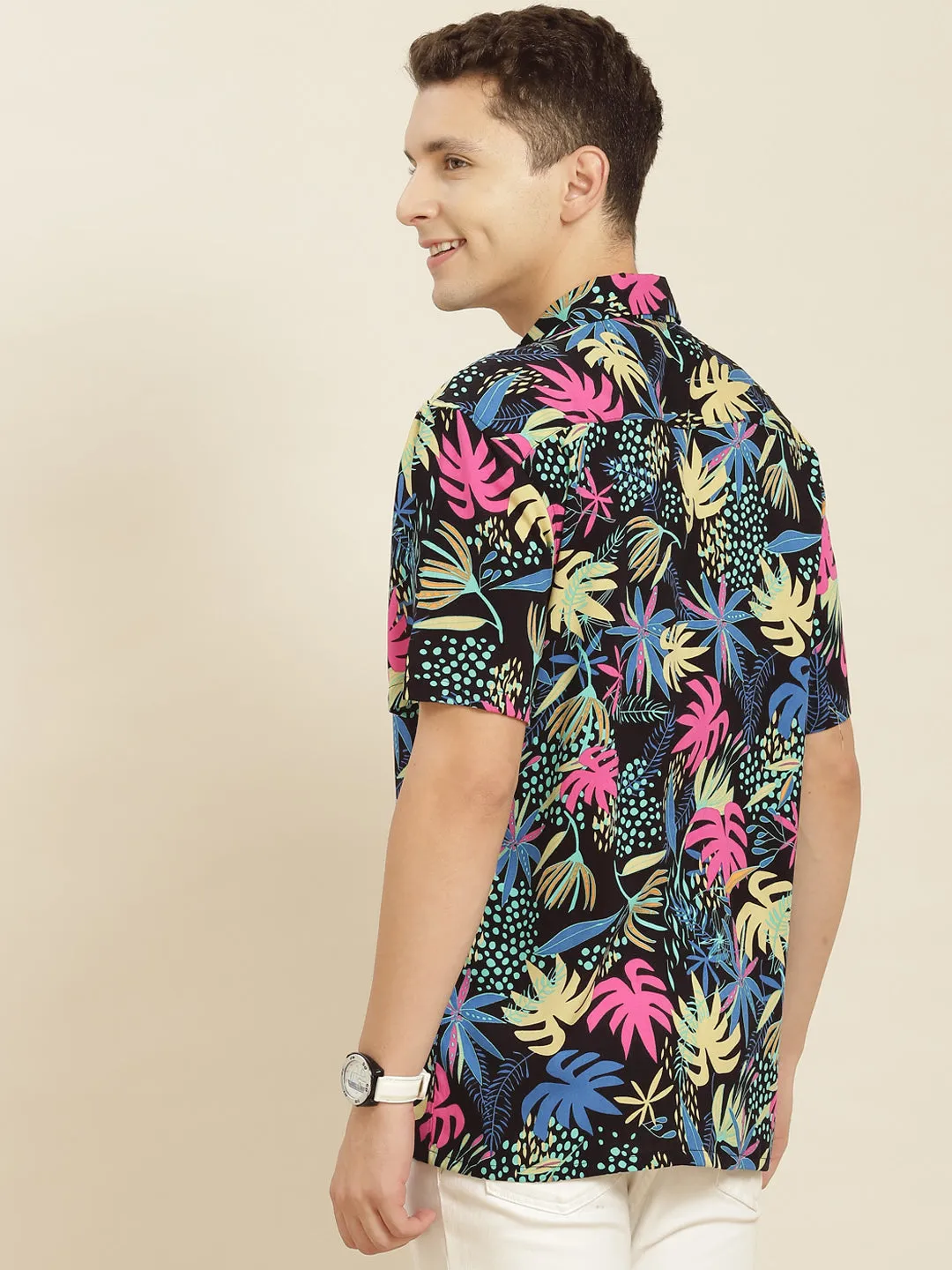 Men Black & Pink Printed Viscose Rayon Regular Fit Casual Resort Shirt