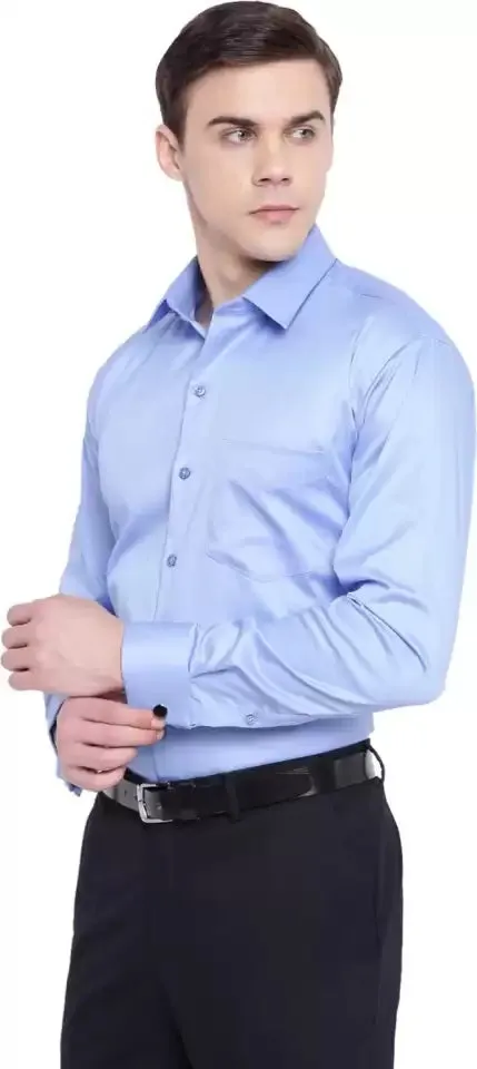 Men Blue Solid Slim Fit French Cuff Pure Cotton Formal Shirt