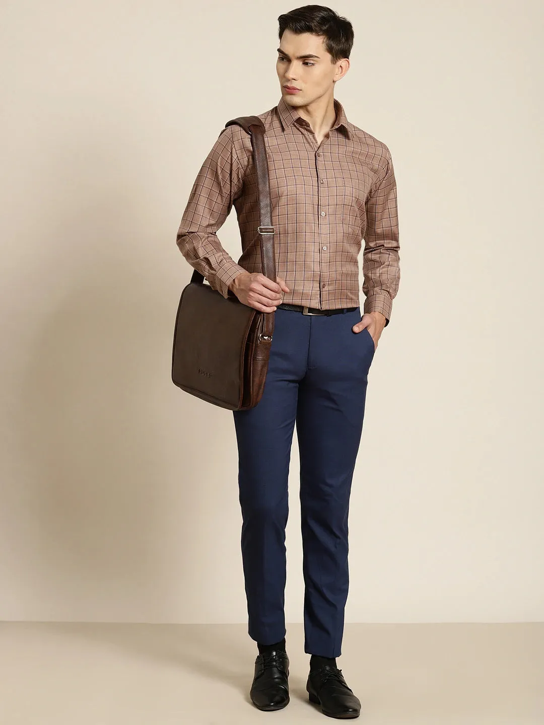 Men Brown Checked Cotton Rich Slim Fit Formal Shirt
