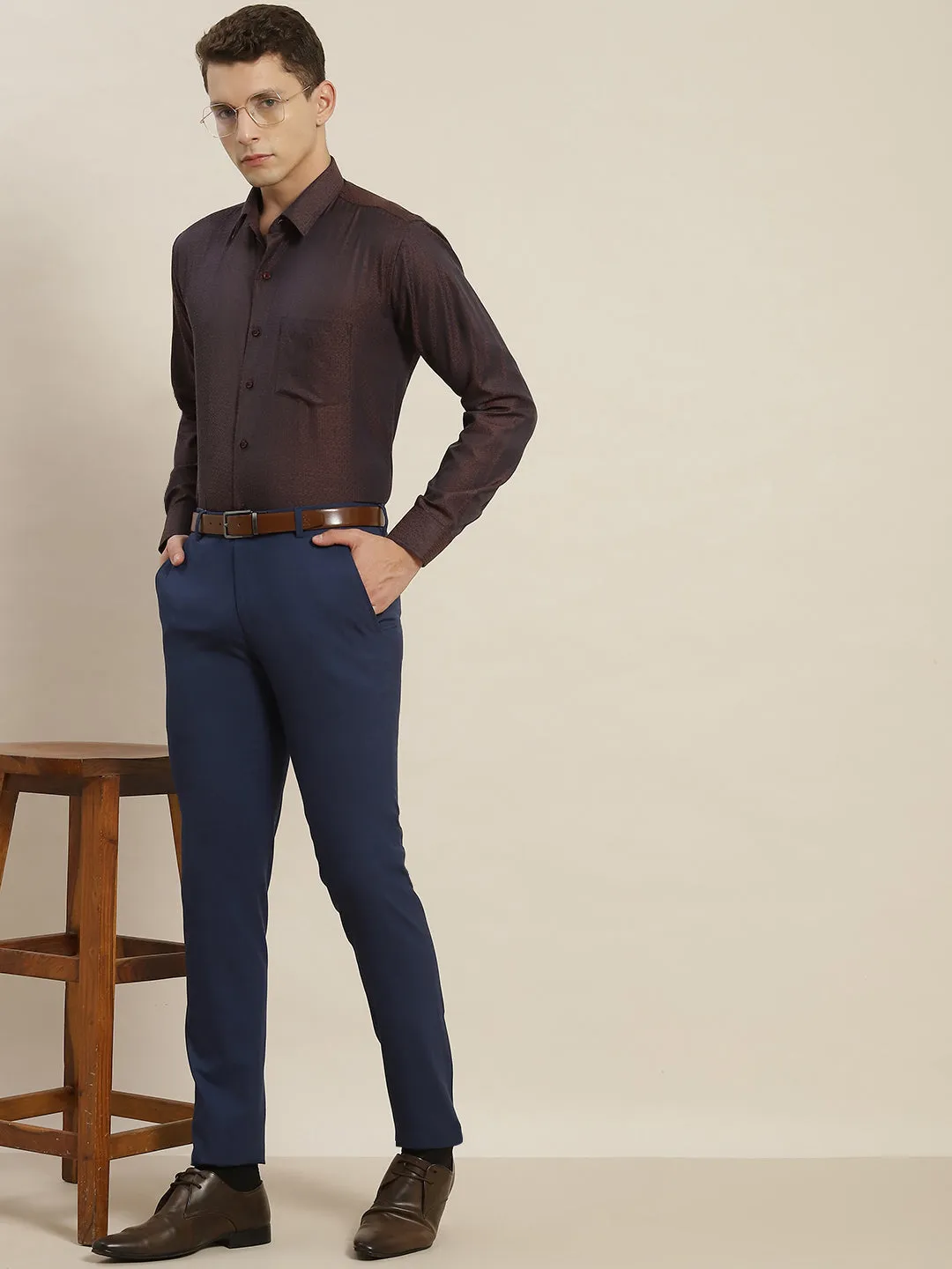 Men Burgundy Checked Cotton Rich Slim Fit Formal Shirt