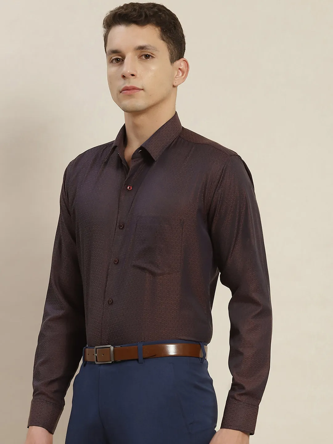 Men Burgundy Checked Cotton Rich Slim Fit Formal Shirt
