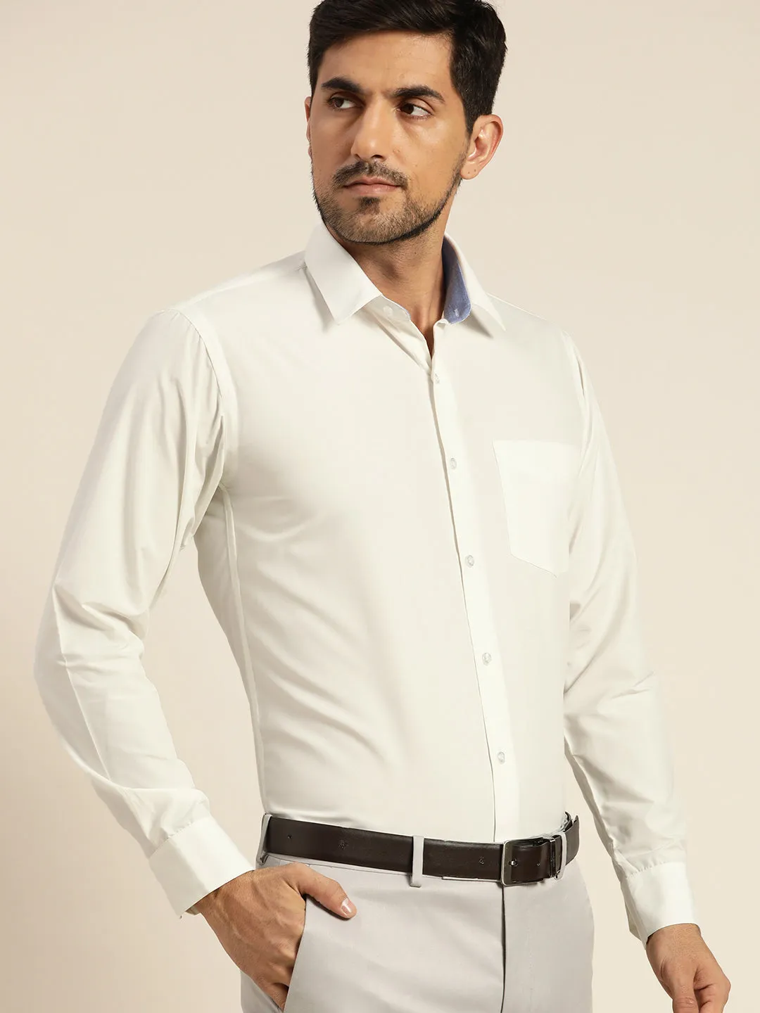 Men Cream Solids Slim Fit Formal Shirt