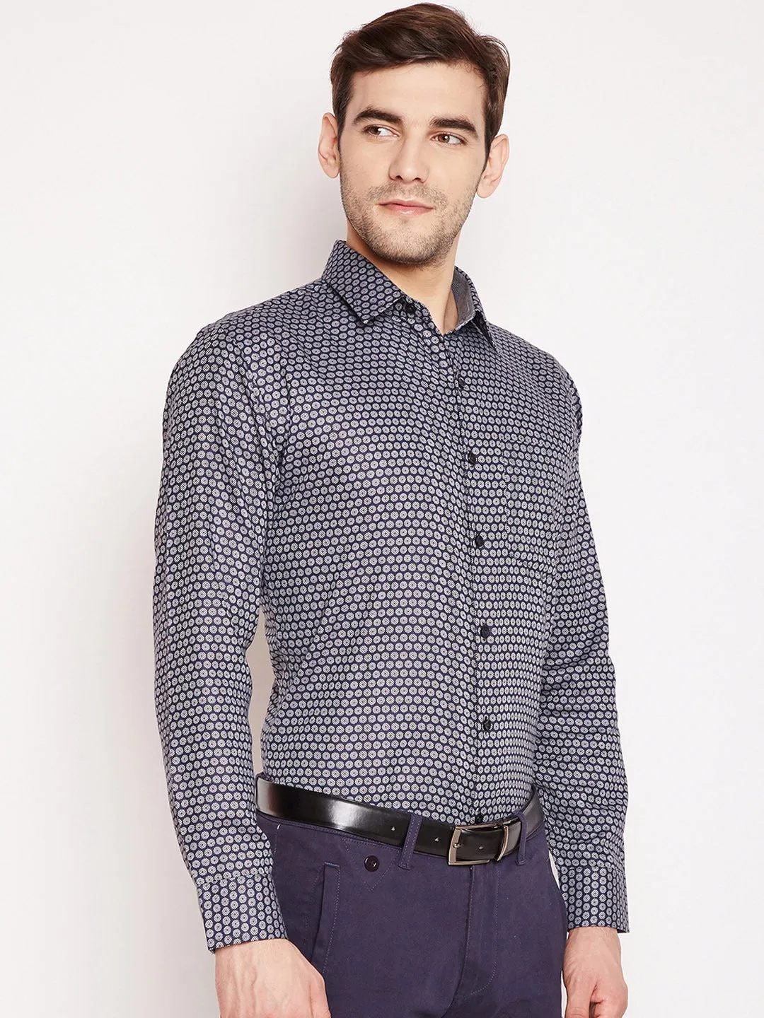 Men grey Prints Pure Cotton Slim Fit Formal Shirt