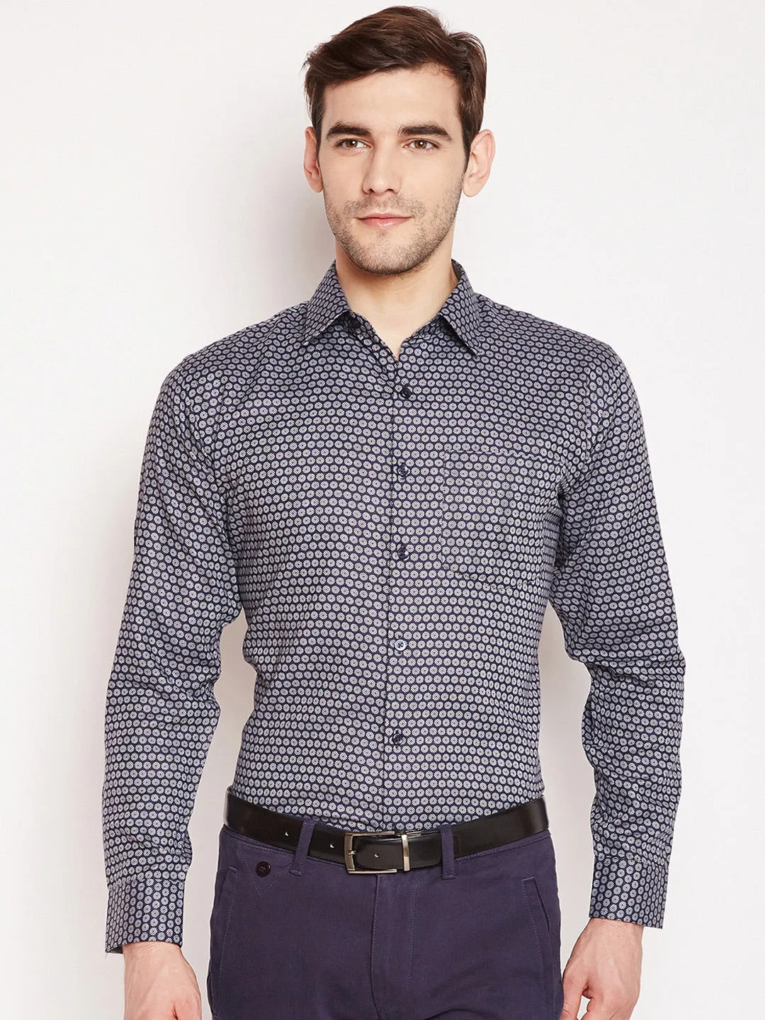 Men grey Prints Pure Cotton Slim Fit Formal Shirt