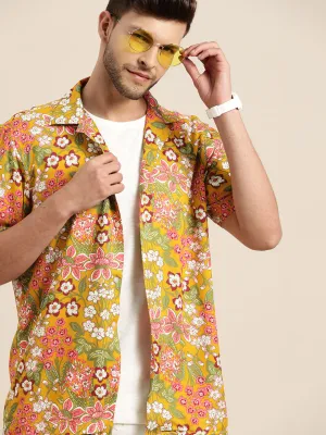 Men Mustard Printed Viscose Rayon Relaxed Fit Casual Resort shirt
