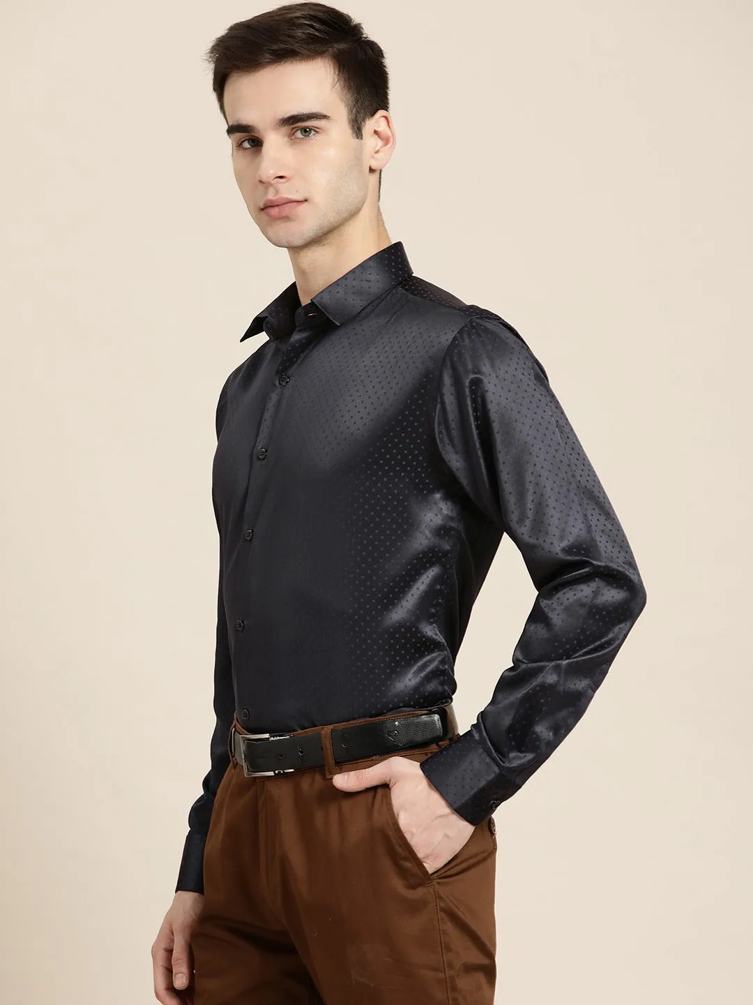 Men Navy Blue Solid Self Design Polyester Satin Slim Fit Party Formal Shirt