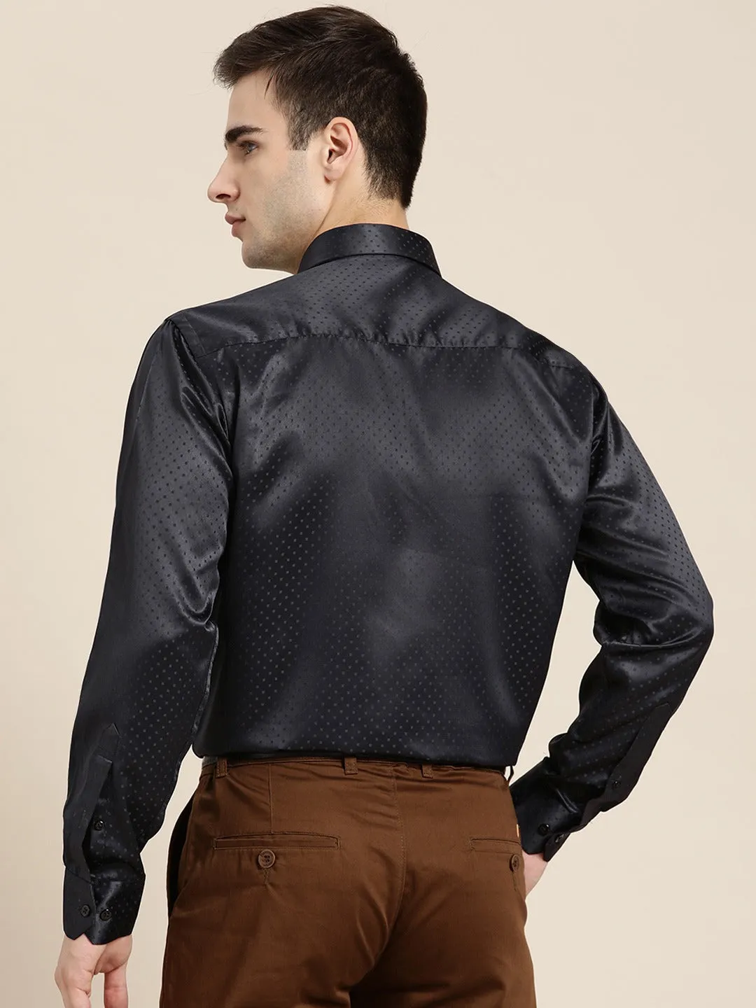 Men Navy Blue Solid Self Design Polyester Satin Slim Fit Party Formal Shirt
