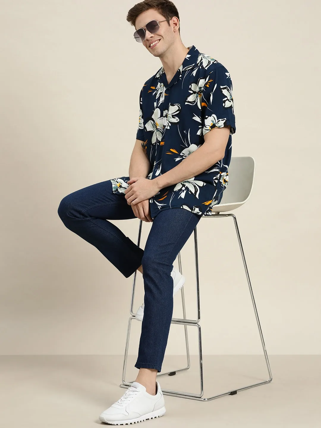 Men Navy-Yellow Prints Viscose Rayon Relaxed Fit Casual Resort Shirt