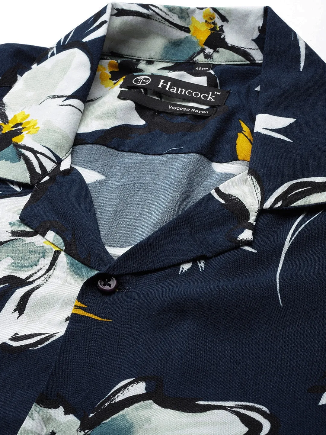 Men Navy-Yellow Prints Viscose Rayon Relaxed Fit Casual Resort Shirt