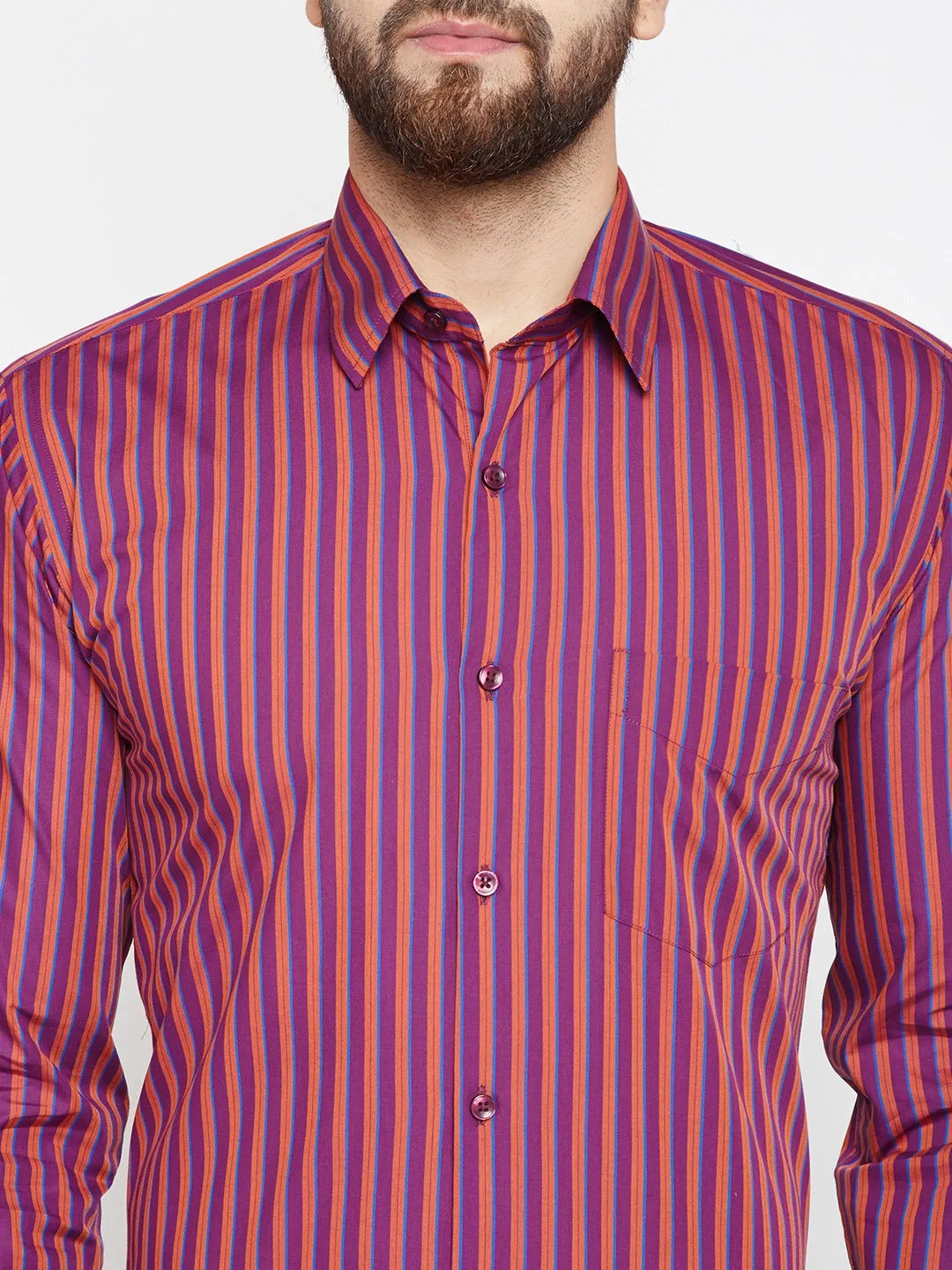 Men Wine Stripes Pure Cotton Slim Fit Formal Shirt