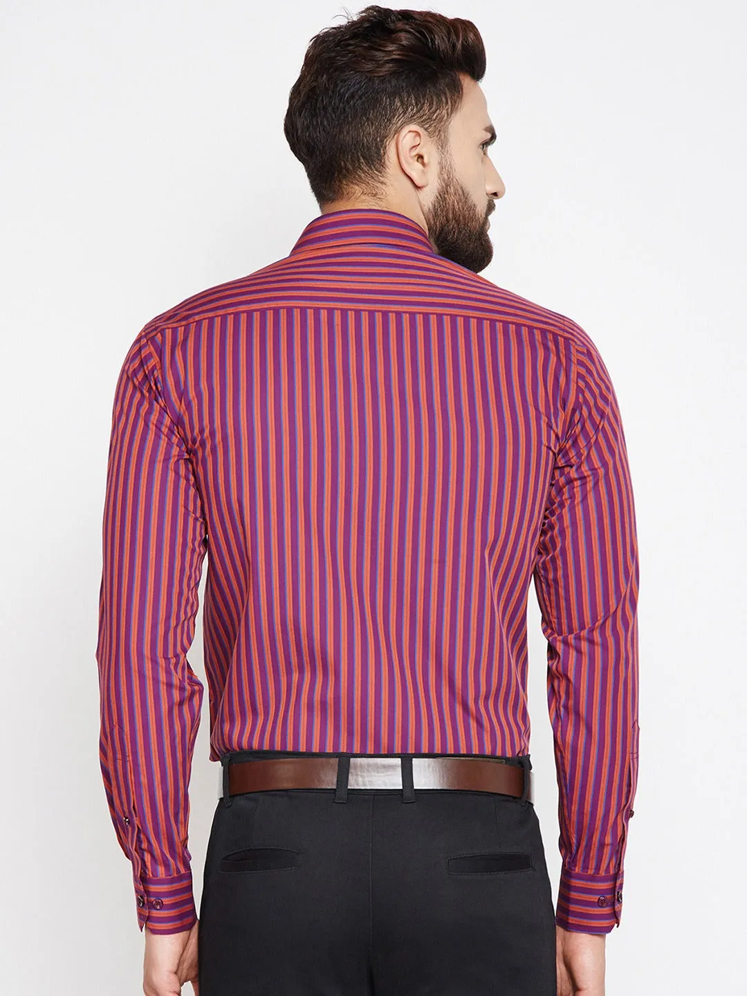 Men Wine Stripes Pure Cotton Slim Fit Formal Shirt