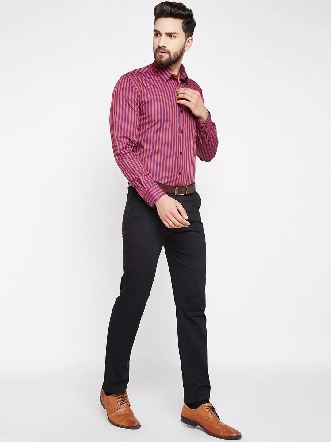 Men Wine Stripes Pure Cotton Slim Fit Formal Shirt
