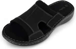 Men's Leather Slide Sandals With Memory Foam - Comfortable Lightweight Summer Casual Slip-On Sandals for Indoor & Outdoor, Beach, Pool, House Slippers