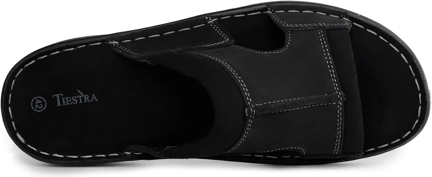 Men's Leather Slide Sandals With Memory Foam - Comfortable Lightweight Summer Casual Slip-On Sandals for Indoor & Outdoor, Beach, Pool, House Slippers