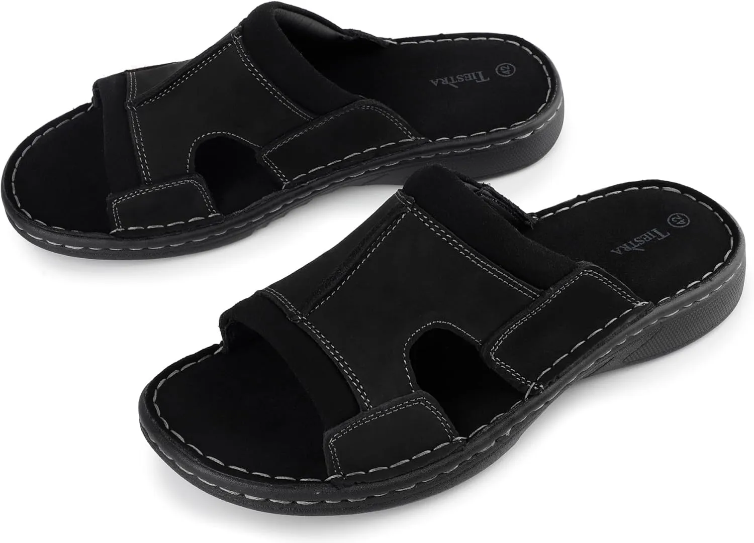 Men's Leather Slide Sandals With Memory Foam - Comfortable Lightweight Summer Casual Slip-On Sandals for Indoor & Outdoor, Beach, Pool, House Slippers