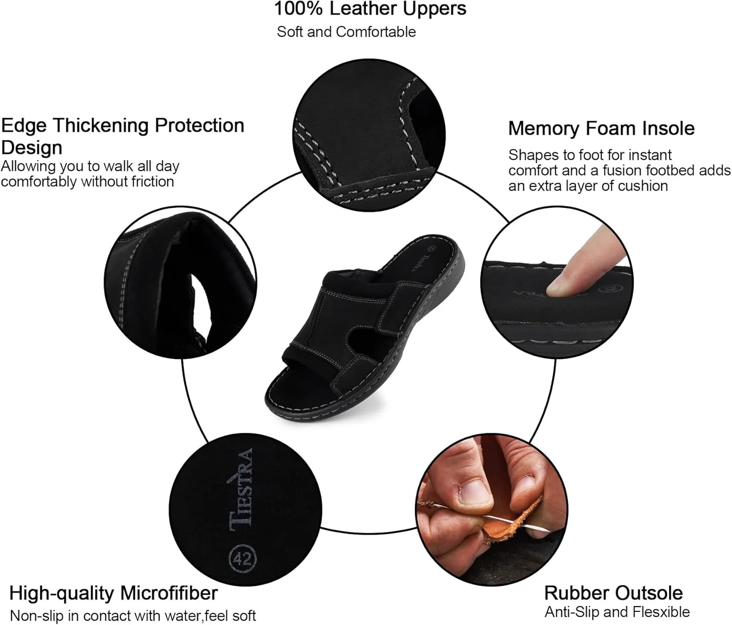 Men's Leather Slide Sandals With Memory Foam - Comfortable Lightweight Summer Casual Slip-On Sandals for Indoor & Outdoor, Beach, Pool, House Slippers