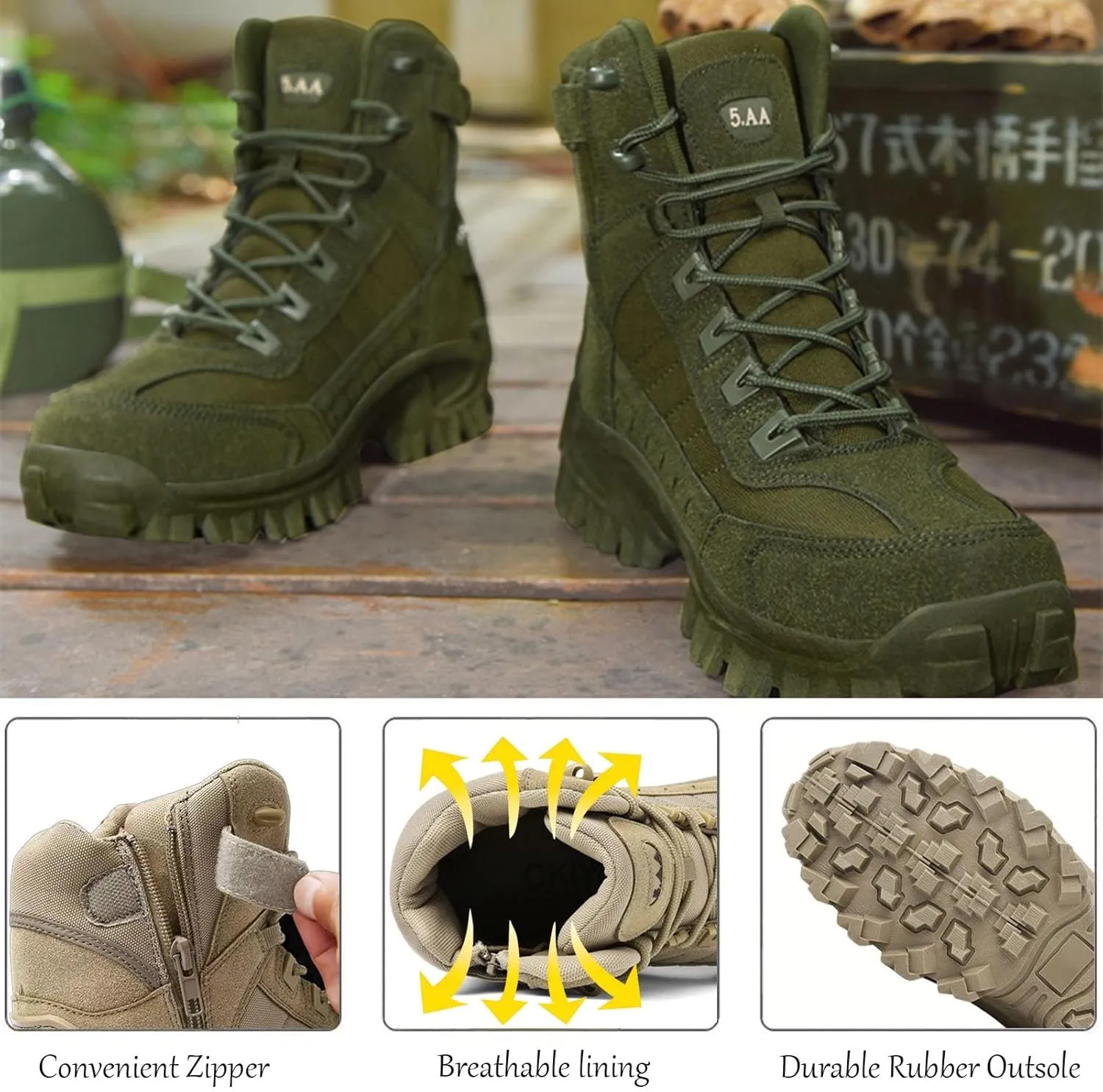 Men's Tactical Boots with Side Zipper, Waterproof Military Combat Boots, Lightweight Comfortable Hiking and Outdoor Boots