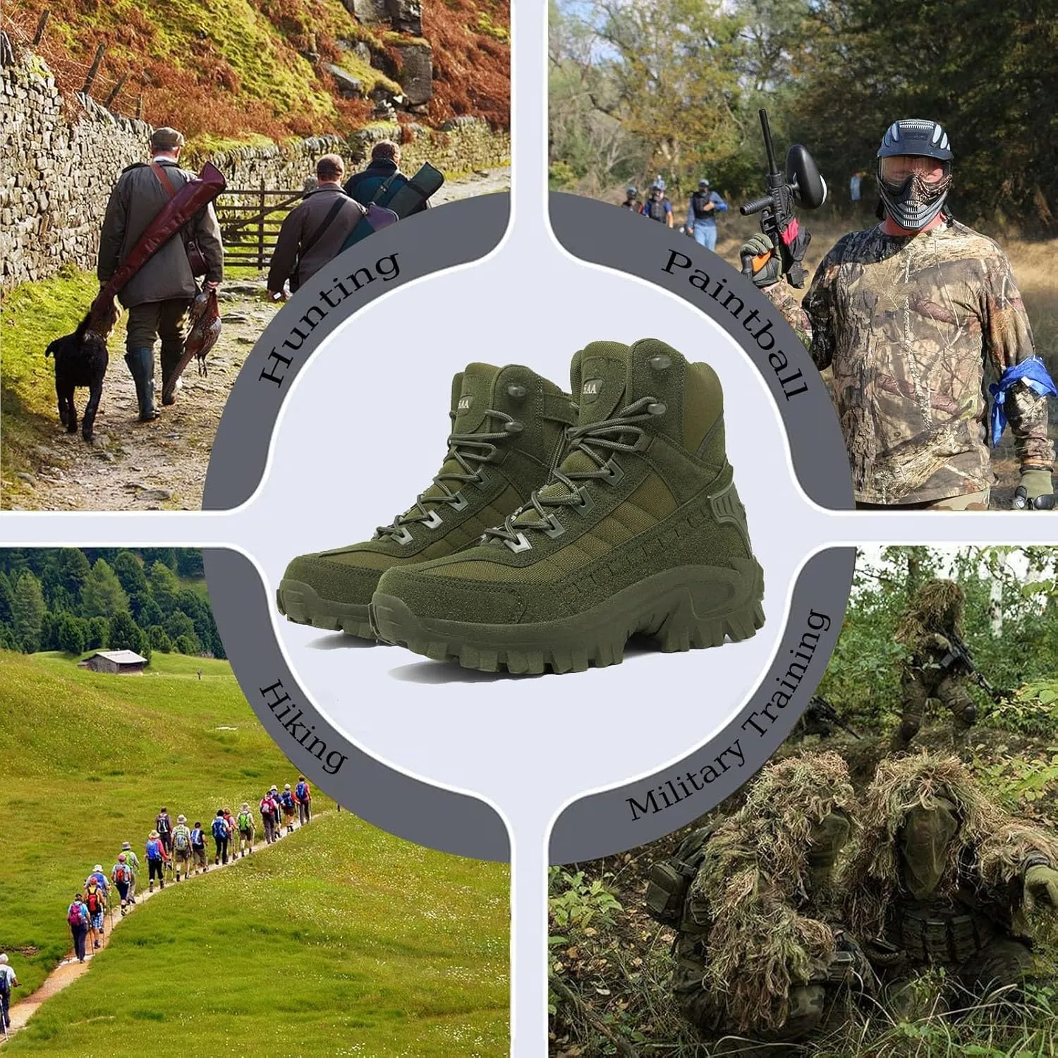 Men's Tactical Boots with Side Zipper, Waterproof Military Combat Boots, Lightweight Comfortable Hiking and Outdoor Boots