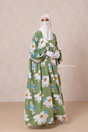 Muna Kiwi Loose Fit Summer Abaya Dress - Viscose Cotton & Daisy Flower Print