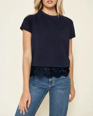 Navy T-Shirt Scallop Lace Trim