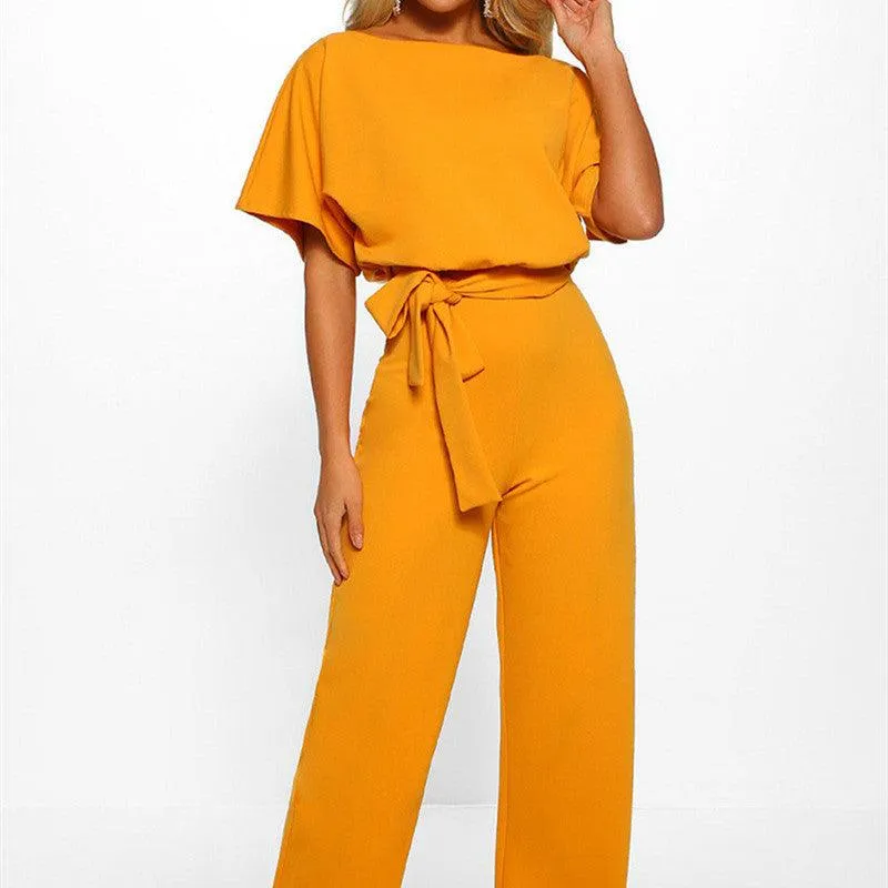 Petite Jumpsuit – 7-Color Fashion, Lace-Up Button Short-Sleeved Style
