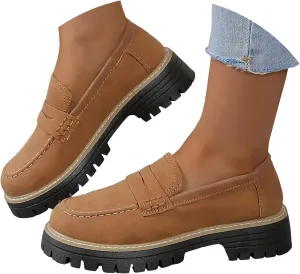 Platform Loafers for Women Orthoture Chunky Loafers Orthopedic Dress Shoes Business Work Shoes Round Toe Thick Heel Slip On Shoes Casual Comfort Fashion Breathable Loafers (Brown, 4.5)
