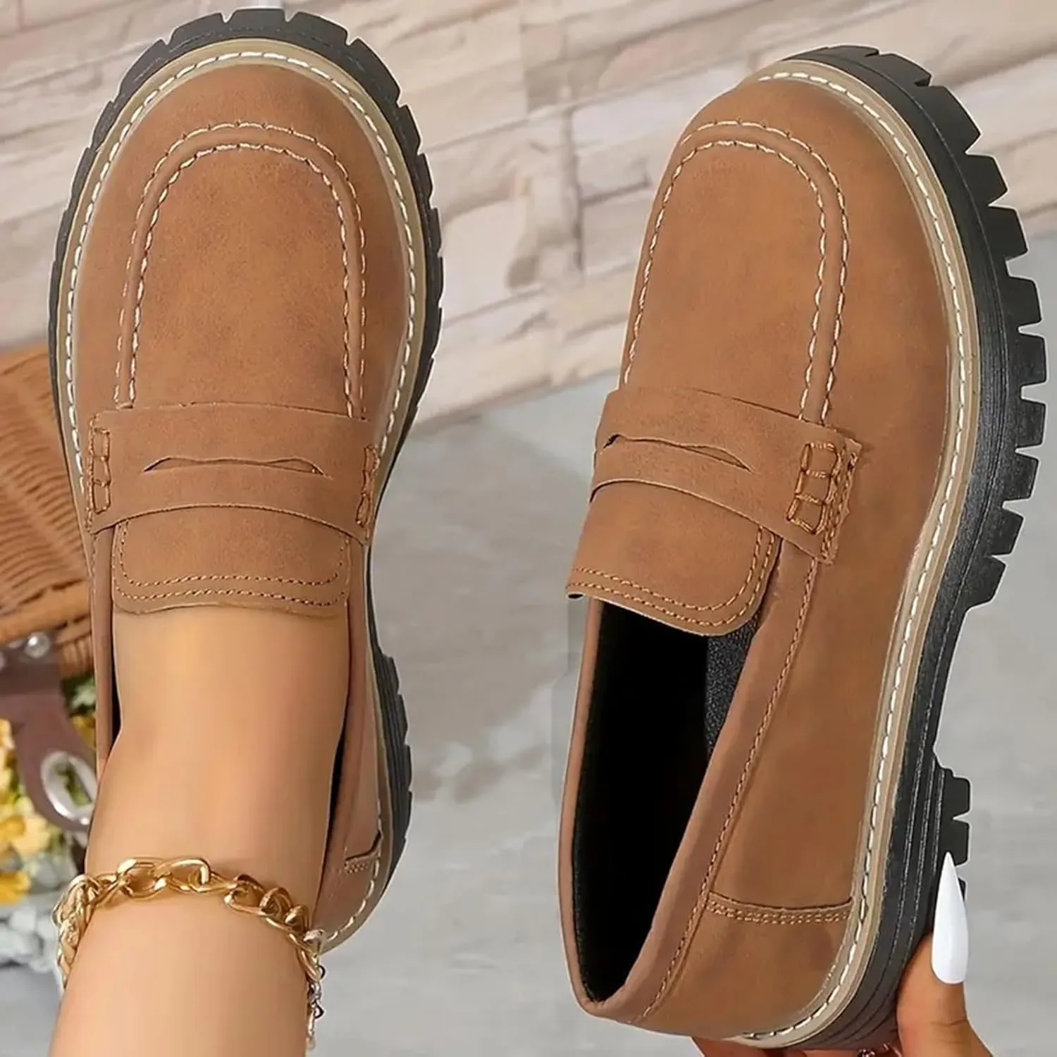 Platform Loafers for Women Orthoture Chunky Loafers Orthopedic Dress Shoes Business Work Shoes Round Toe Thick Heel Slip On Shoes Casual Comfort Fashion Breathable Loafers (Brown, 4.5)