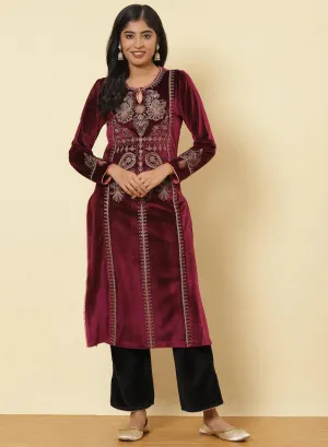 Plum Embroidered Velvet Kurta With Sequins