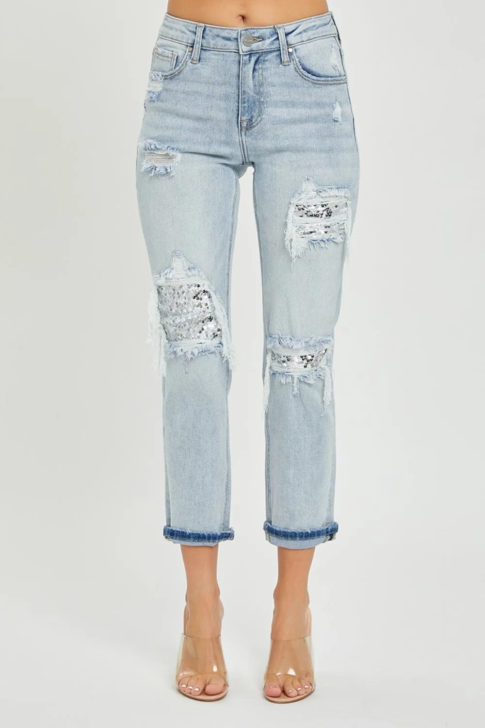 RISEN Mid-Rise Silver Sequin Patched Jeans