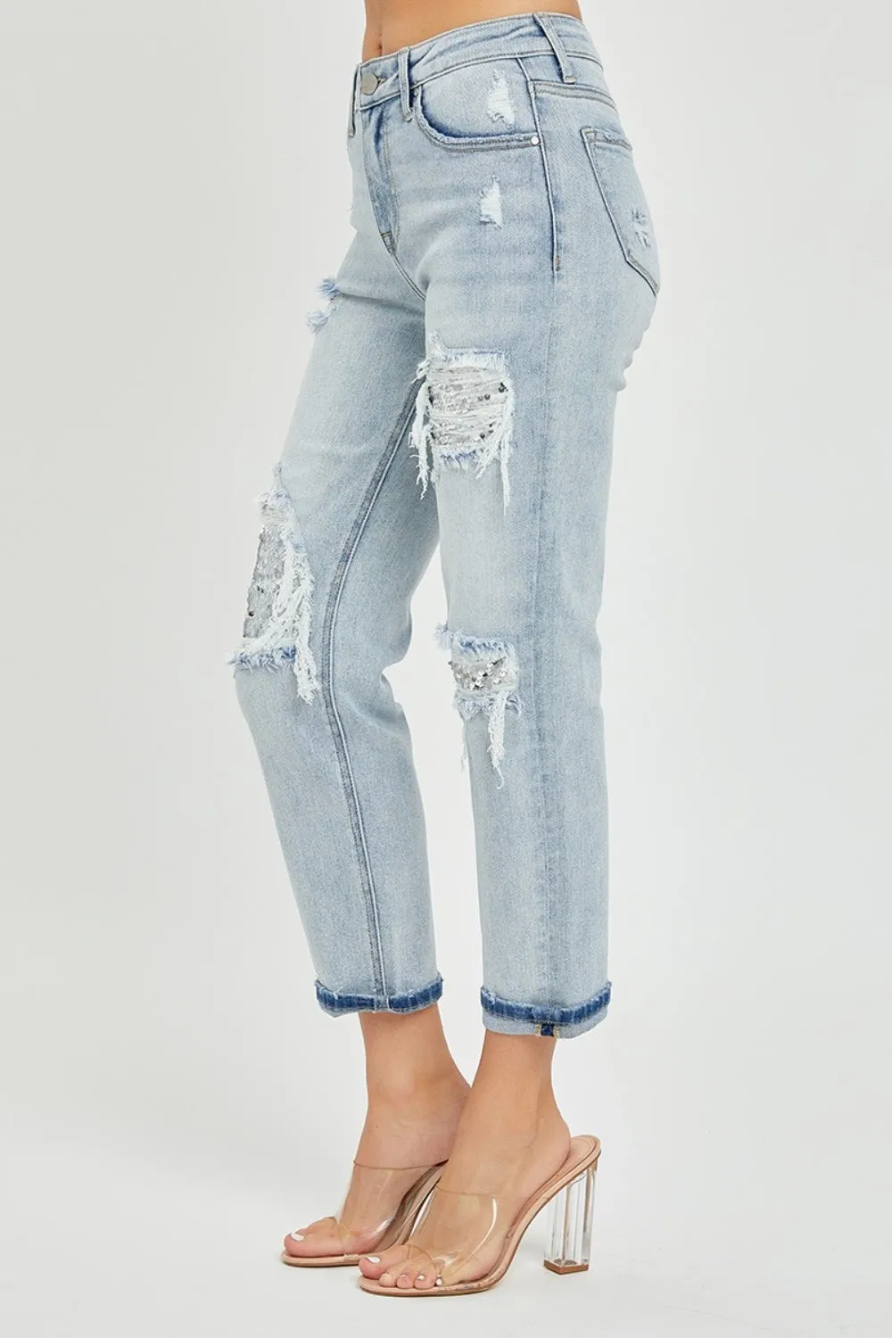 RISEN Mid-Rise Silver Sequin Patched Jeans