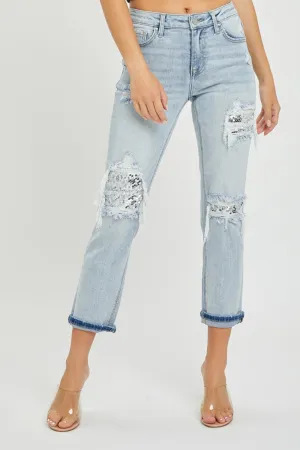 RISEN Mid-Rise Silver Sequin Patched Jeans