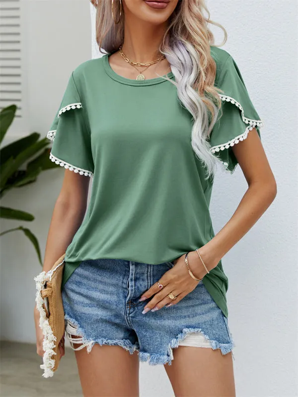 Round Neck Tassel Tulip Sleeve T-Shirt Casual Top Women