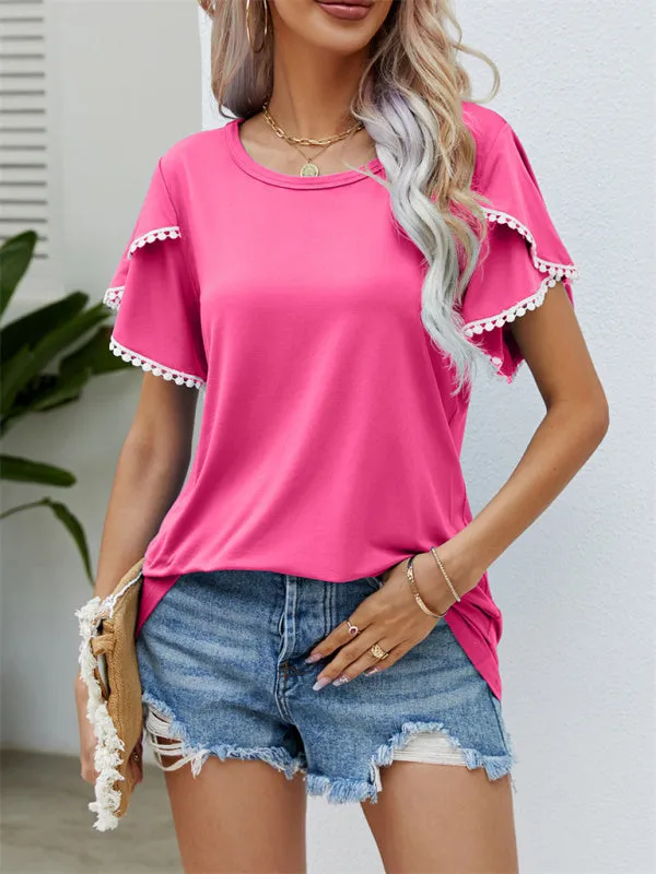 Round Neck Tassel Tulip Sleeve T-Shirt Casual Top Women