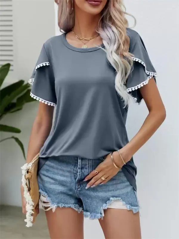 Round Neck Tassel Tulip Sleeve T-Shirt Casual Top Women
