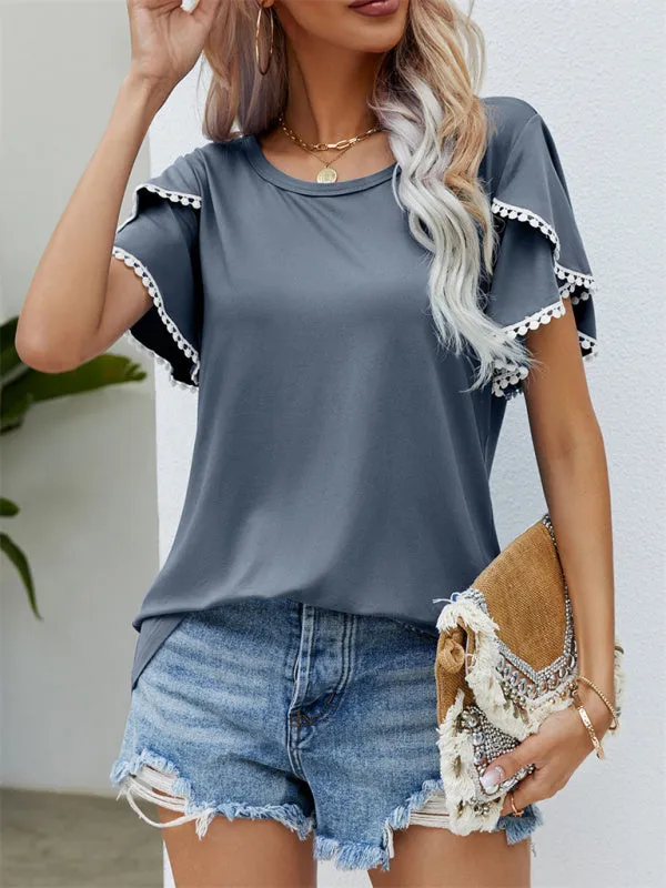 Round Neck Tassel Tulip Sleeve T-Shirt Casual Top Women