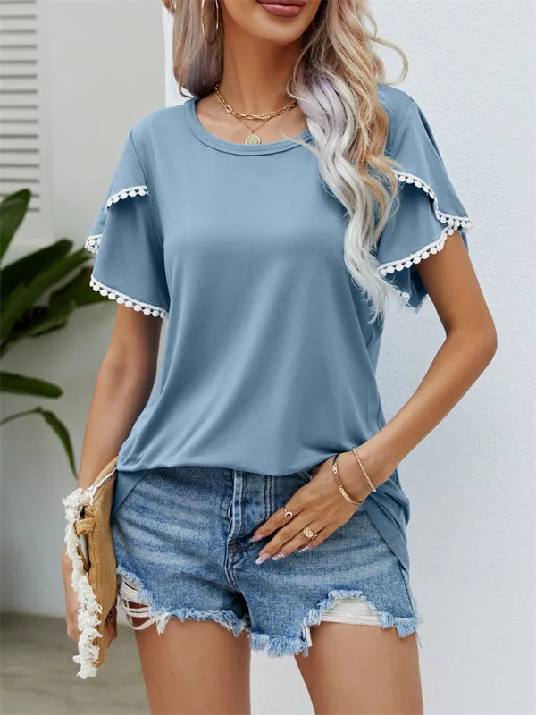 Round Neck Tassel Tulip Sleeve T-Shirt Casual Top Women