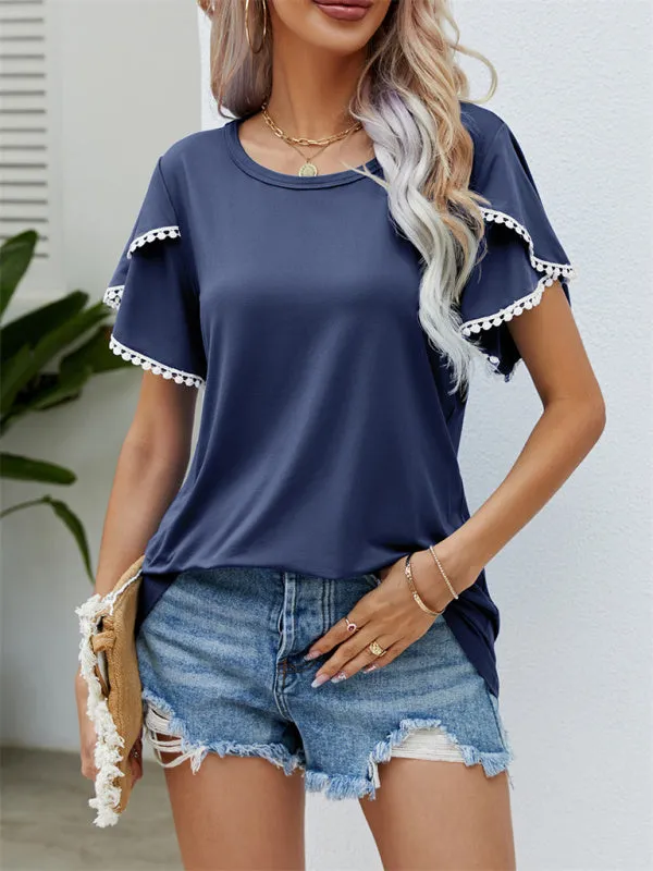 Round Neck Tassel Tulip Sleeve T-Shirt Casual Top Women