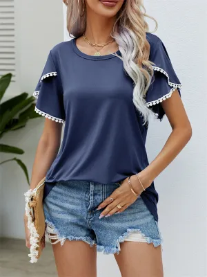Round Neck Tassel Tulip Sleeve T-Shirt Casual Top Women