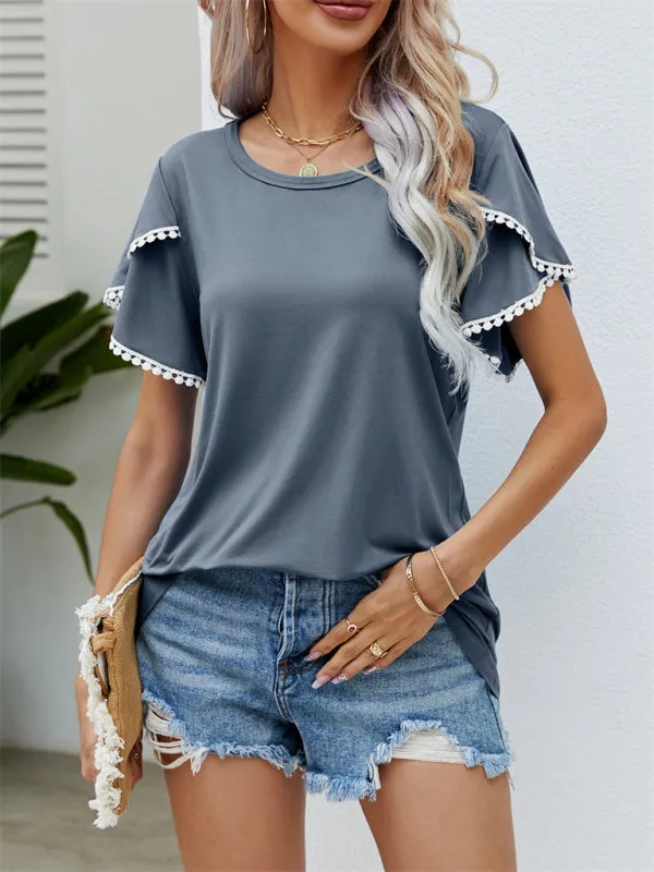 Round Neck Tassel Tulip Sleeve T-Shirt Casual Top Women