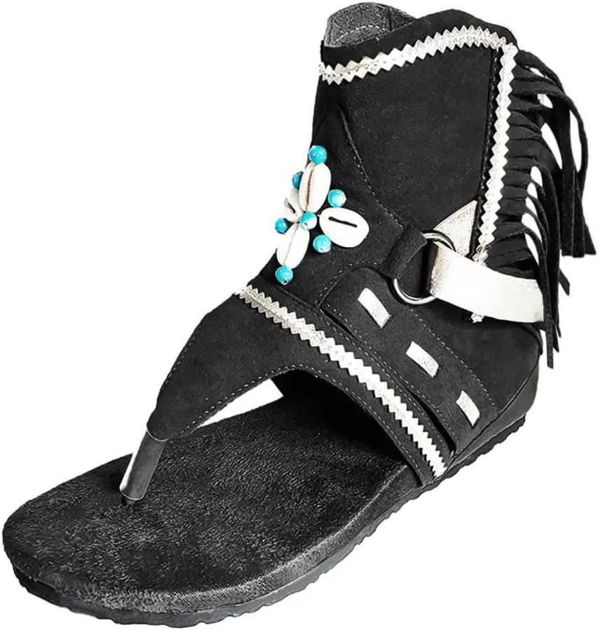 SACFOF Womens Flat Tassel Gladiator Sandals Summer Bohemian Back Zipper Fringe Sandals Dressy Thong Sandals