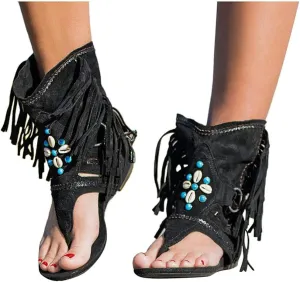 SACFOF Womens Flat Tassel Gladiator Sandals Summer Bohemian Back Zipper Fringe Sandals Dressy Thong Sandals