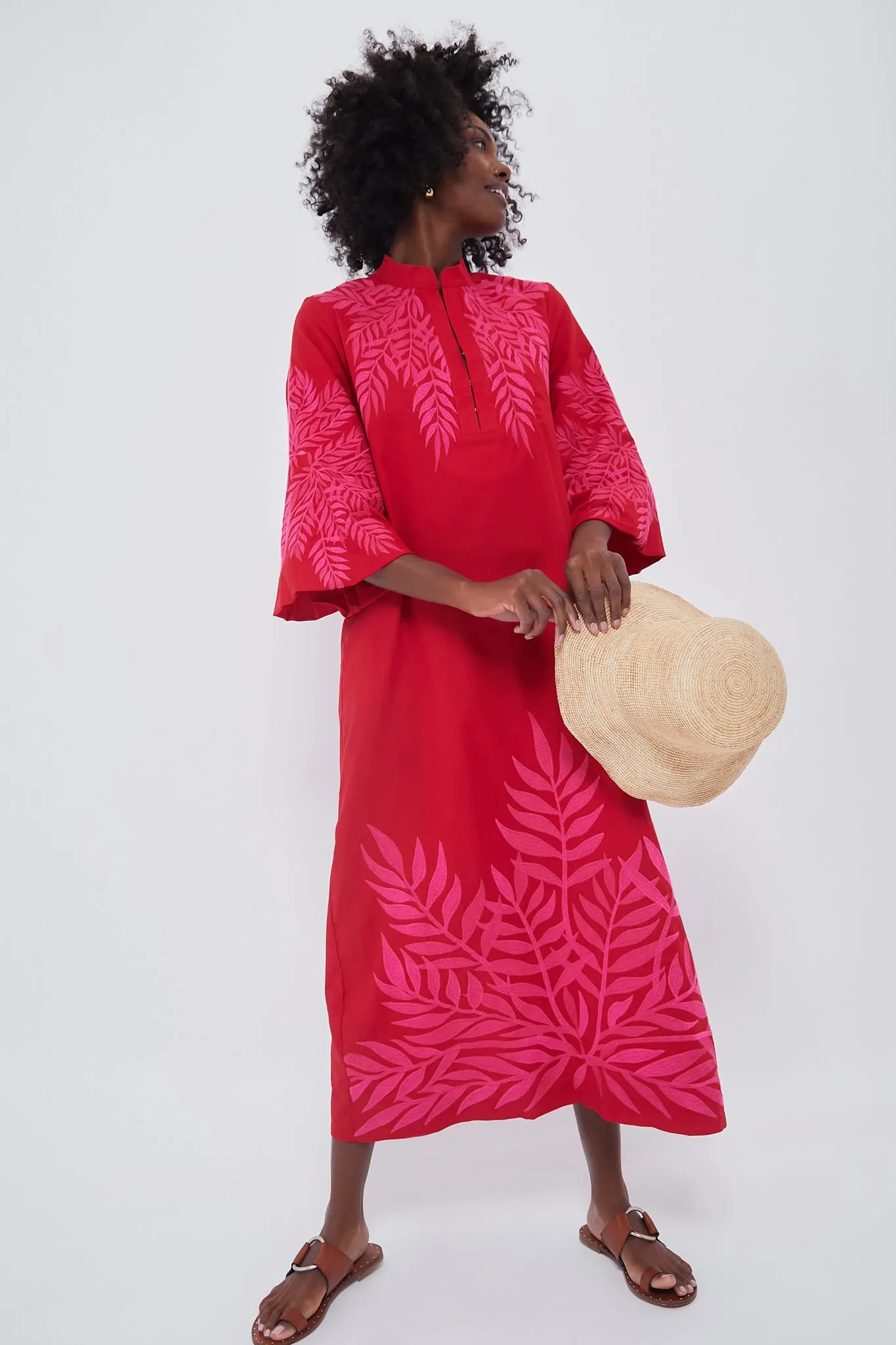 Scarlet and Hot Pink Embroidered Windermere Caftan