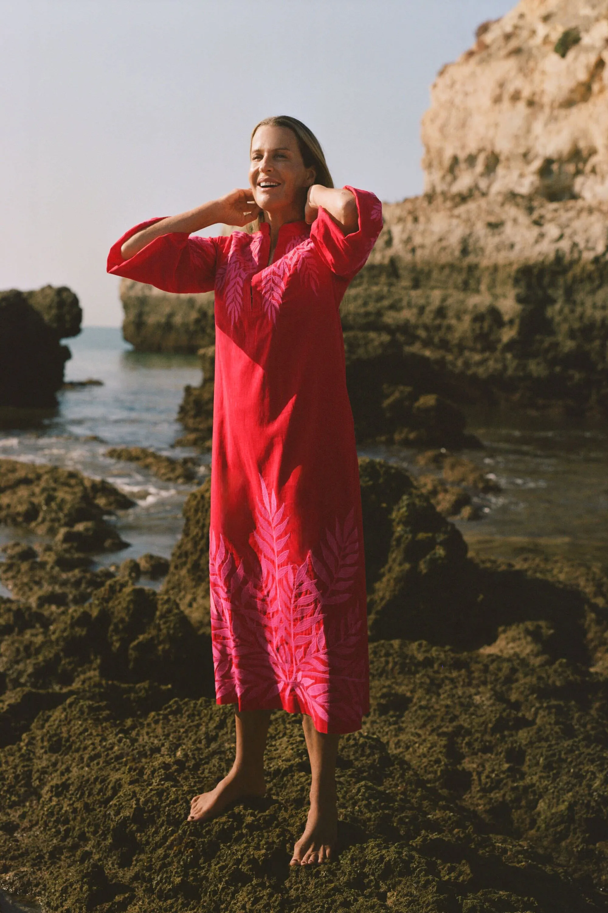 Scarlet and Hot Pink Embroidered Windermere Caftan