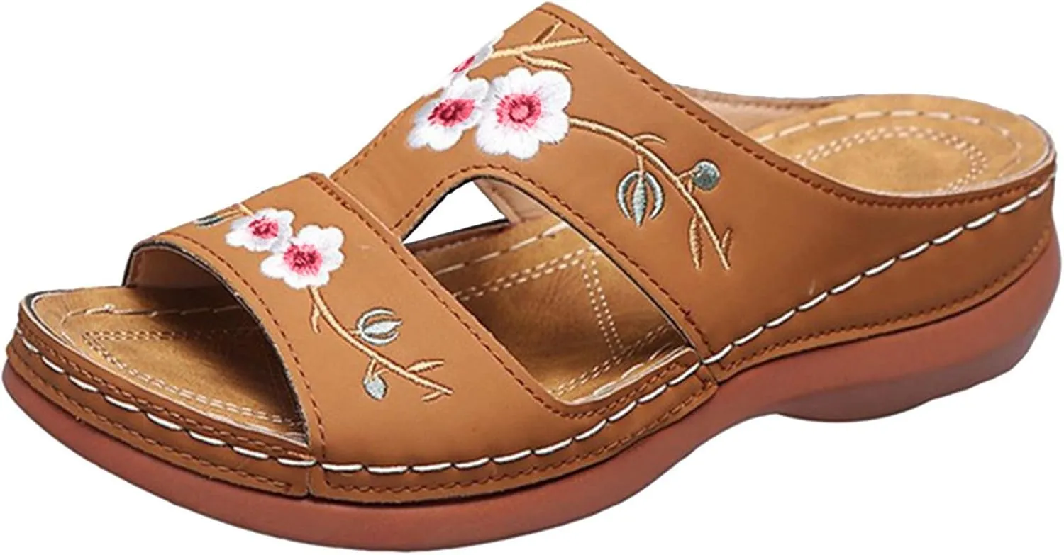 Summer Ladies Fashion Wedge Heel Embroidery Flower Sandals Women's Shoes Girls Strap Sandals Women Slippers