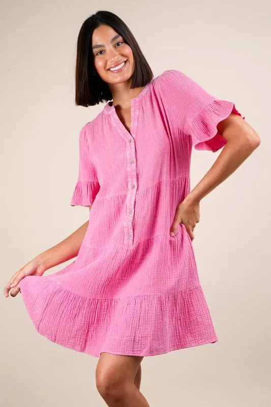 VERY J Plus Size Mineral Washed Woven Mini Dress In Pink